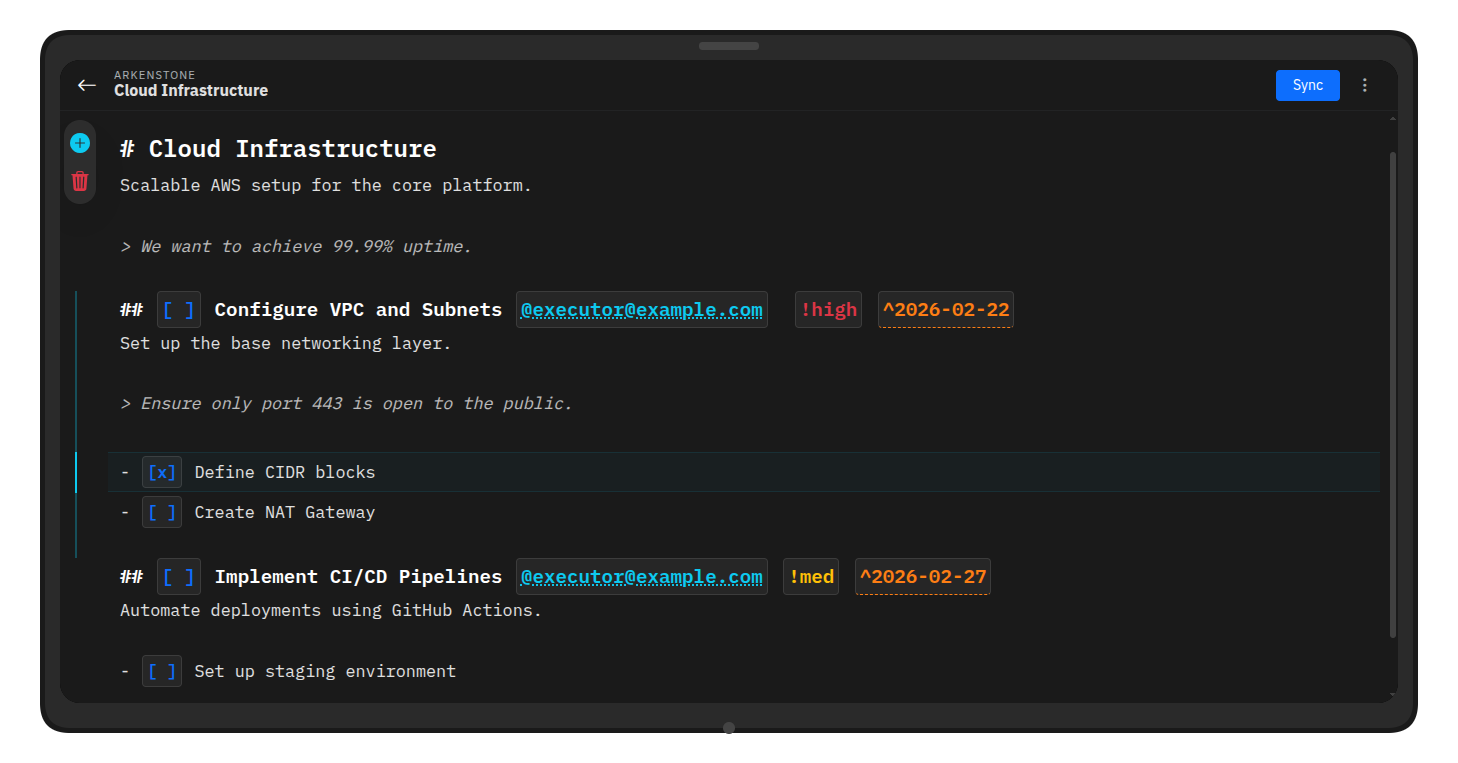 Arkenstone editor — markdown project management with inline @mentions, !priority tags and live date picker