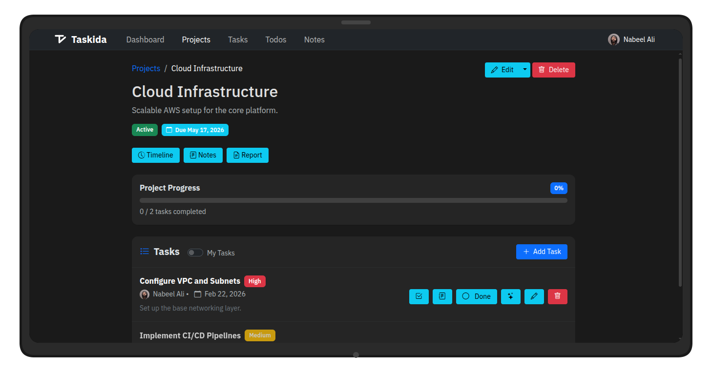 Taskida project view — tasks, progress tracking, priorities and assignees at a glance
